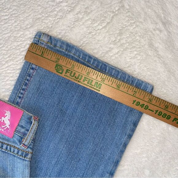 Y2K Heatherette Low Rise Flare Jeans Unicorn- Embellished Pockets Size 3 / 5 - Picture 6 of 11